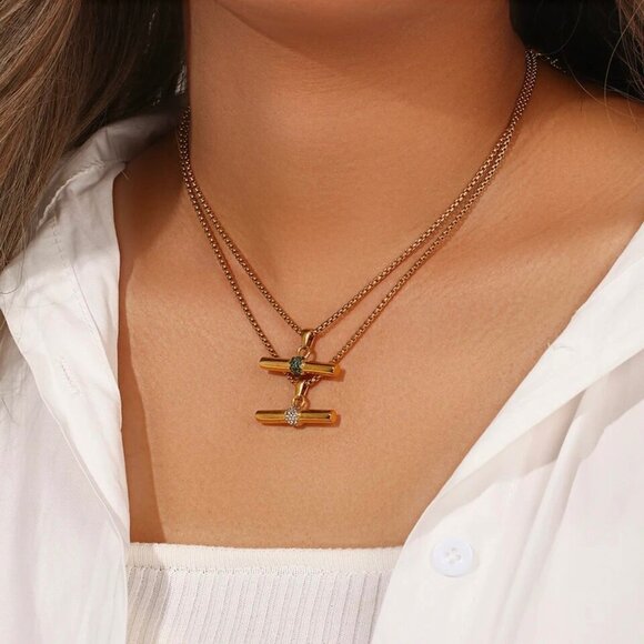 New Bar Pendant Necklace 18K Gold Plated Rhinestone Contemporary Minimalist - Picture 6 of 11